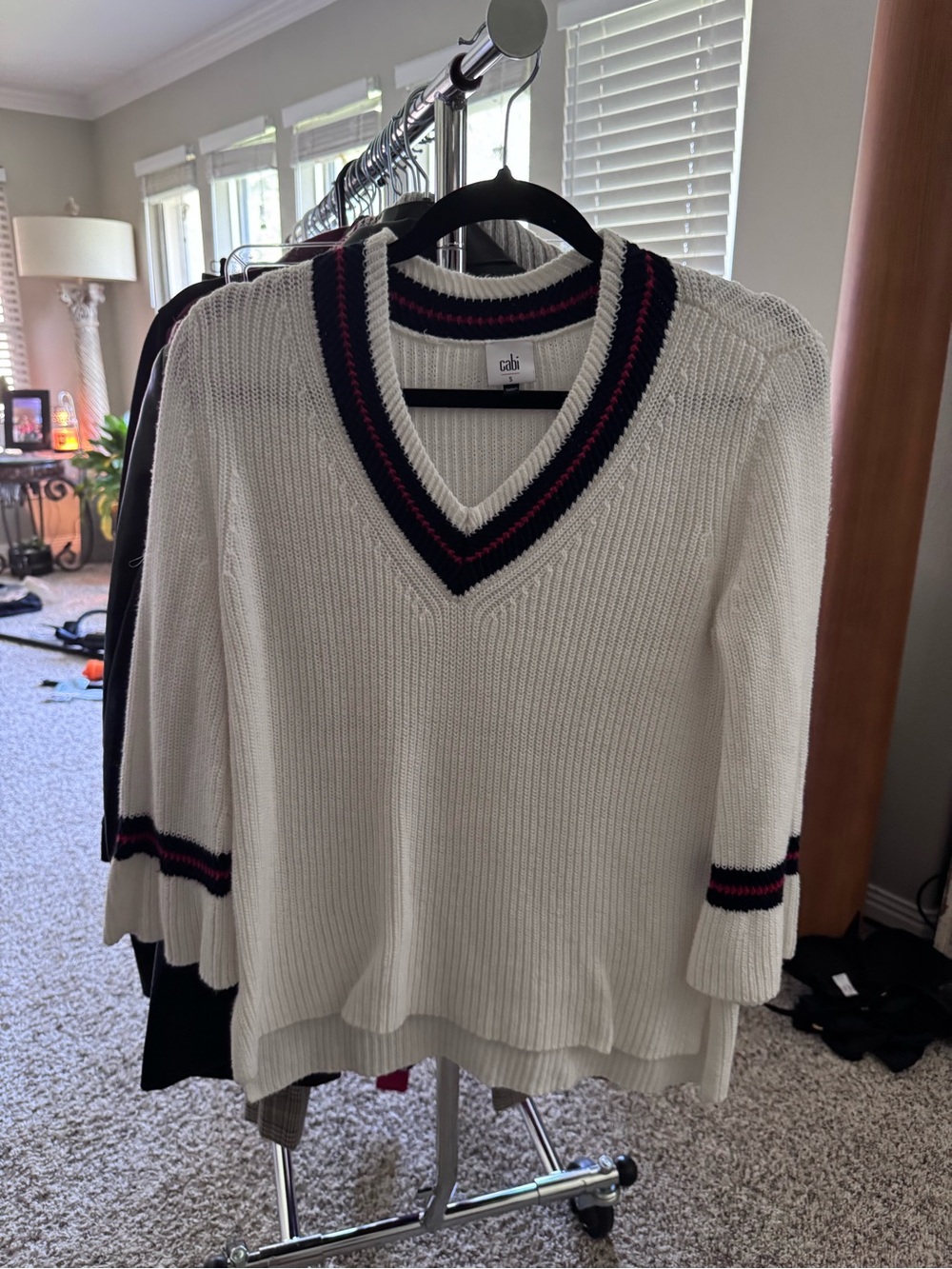 CAbi Cream V-Neck Sweater with Navy & red Trim